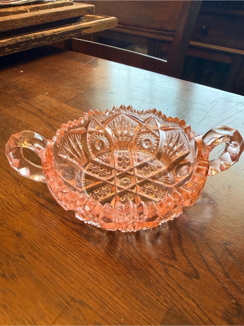 Vintage Pink Pressed Imperial Glass Handled Candy Jewelry Sugar Dish